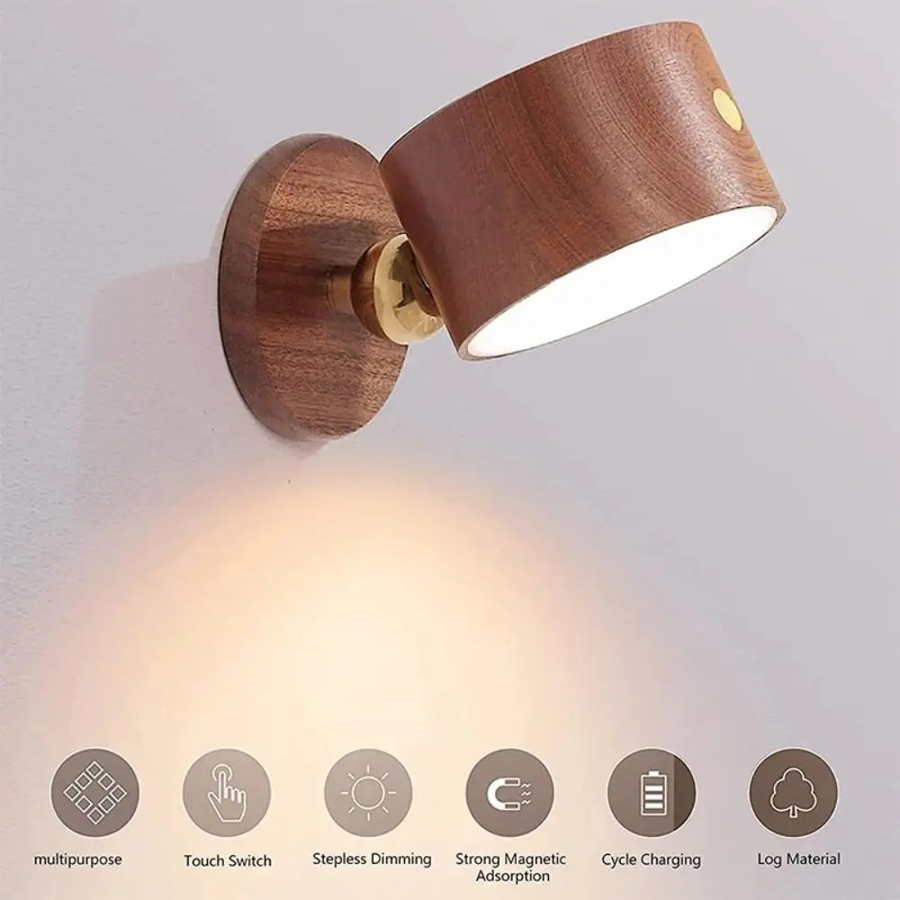 360° Rotating Wood Color Wall Mounted Lamp Touch Control Magnetic Mounting LED Wall Sconce Dimmable Warm White USB Rechargeable