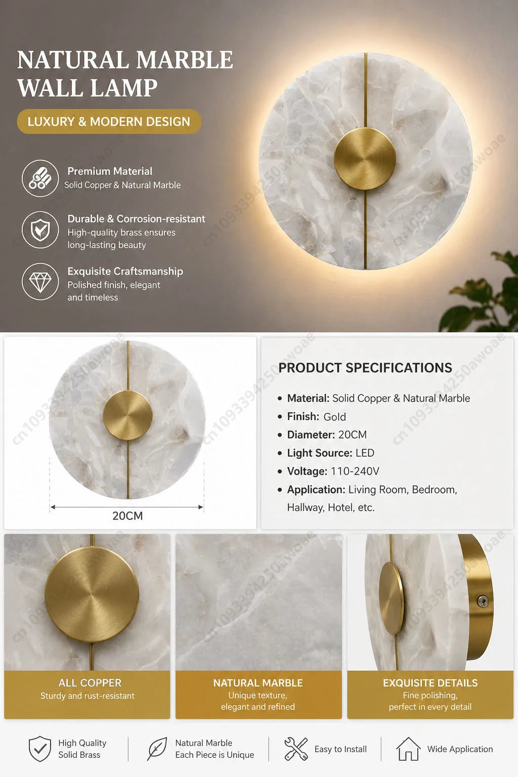 Modern Luxury Creative Natural Marble Copper Wall Light - Alabaster Marble Wall Sconce for Bedroom Bedside Living Room Aisle