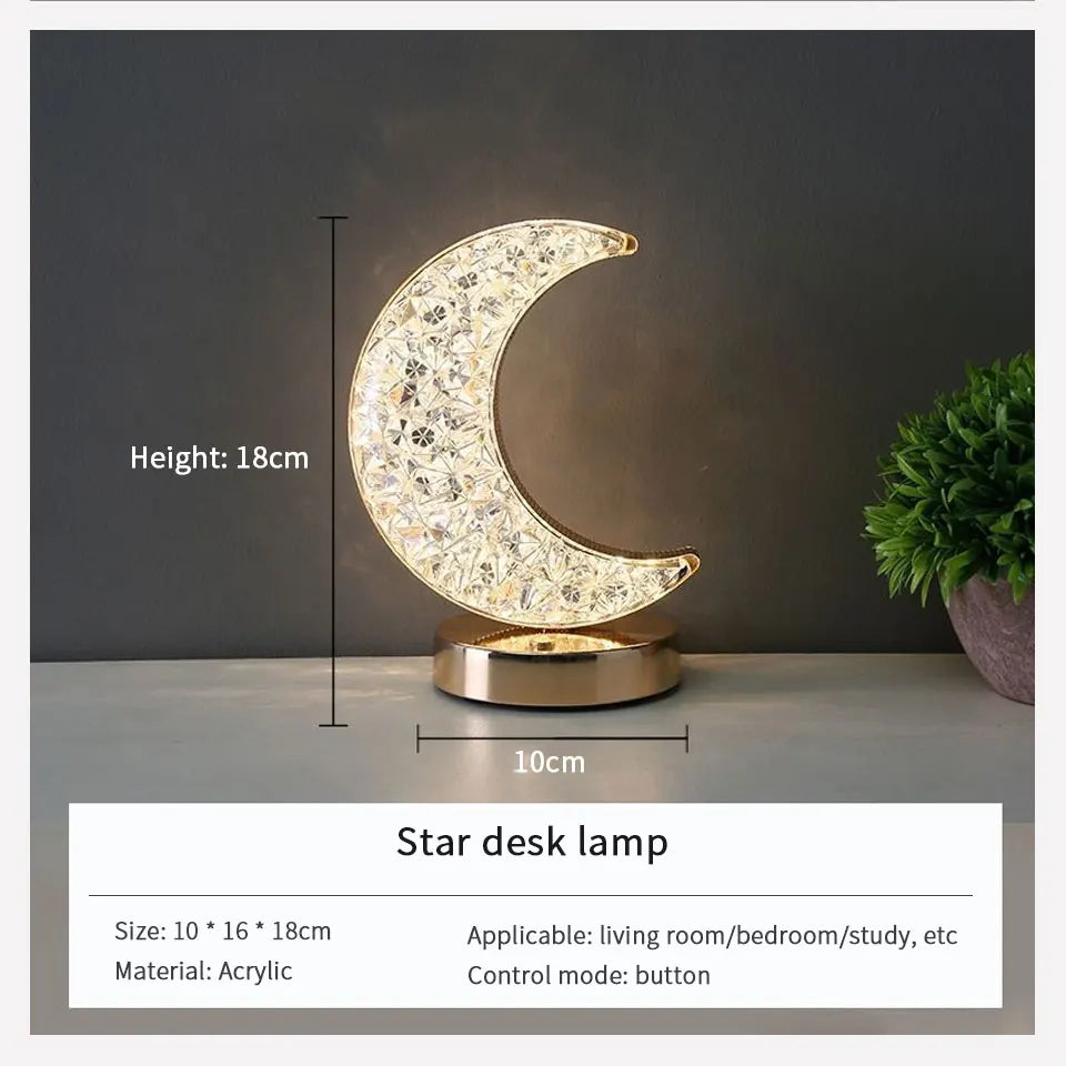 LED Moon Night Light USB Charging Touch Control Diamond Crystal Desk Lamp Bedside Ambient Table for Home Bedroom Decoration