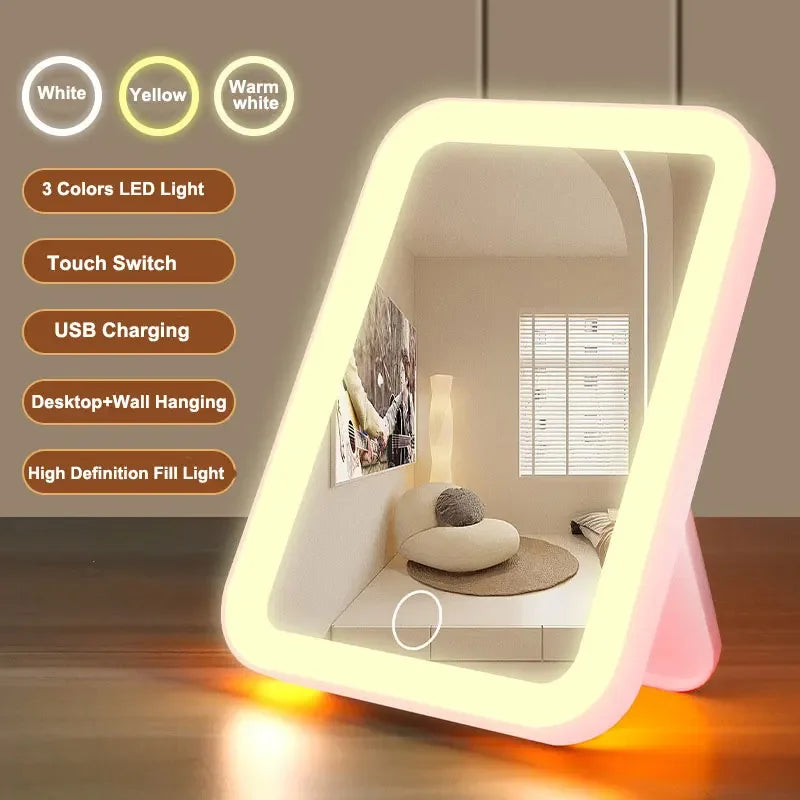 3 Colors LED Vanity Mirror Touch Screen 3 Brightness Dimmable USB Rechargeable Portable Makeup Mirror