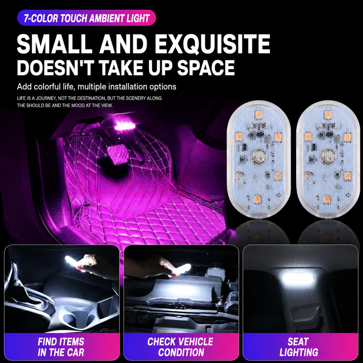 LED Touch Light Mini Wireless Car Interior Lighting Auto Roof Ceiling Reading Lamp for Door Foot Trunk Storage Box USB Charging