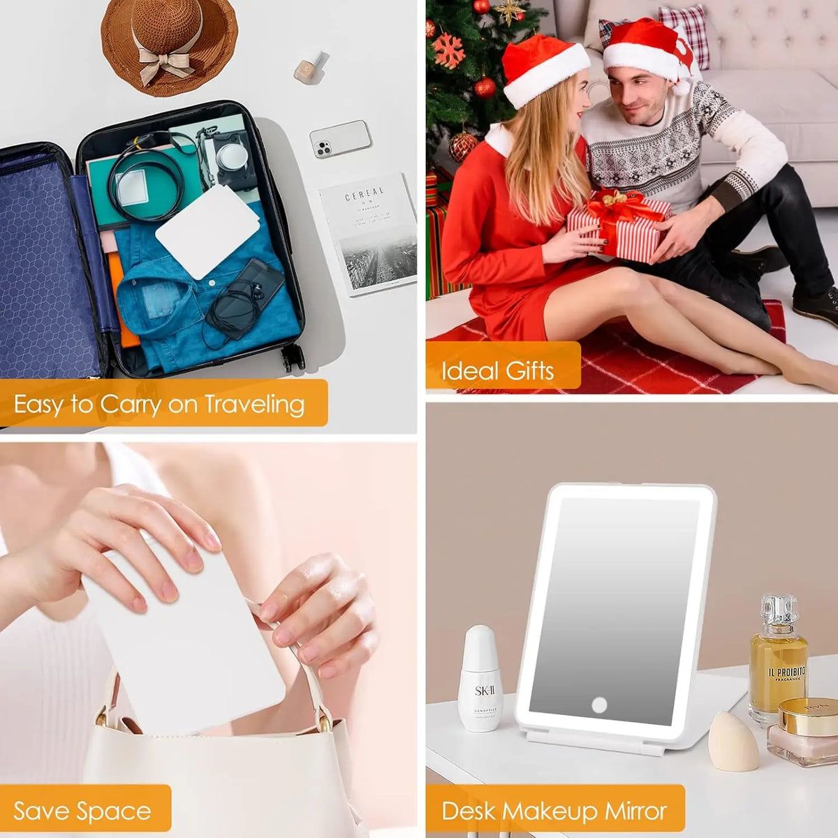 LED Foldable Travel Makeup Mirror 3 Colors Light Modes USB Rechargeable Touch Screen Portable Tabletop Cosmetic Mirror Handheld