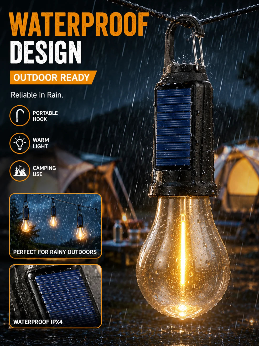 Solar Camping Light Bulb USB Rechargeable Hanging Tent Lamp Waterproof Portable Outdoor Lantern for Camping BBQ Garden Decor