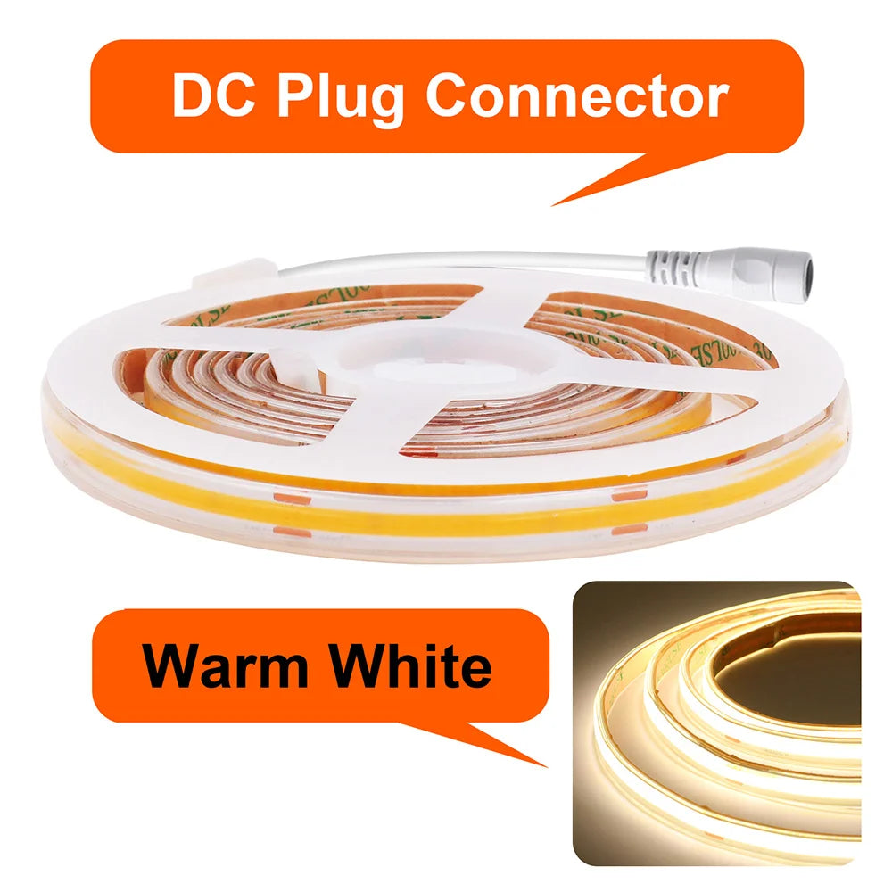 12V / 24V COB LED Strip – 480 LEDs/m, IP67 Options – DC Plug Warm / 12V 2m