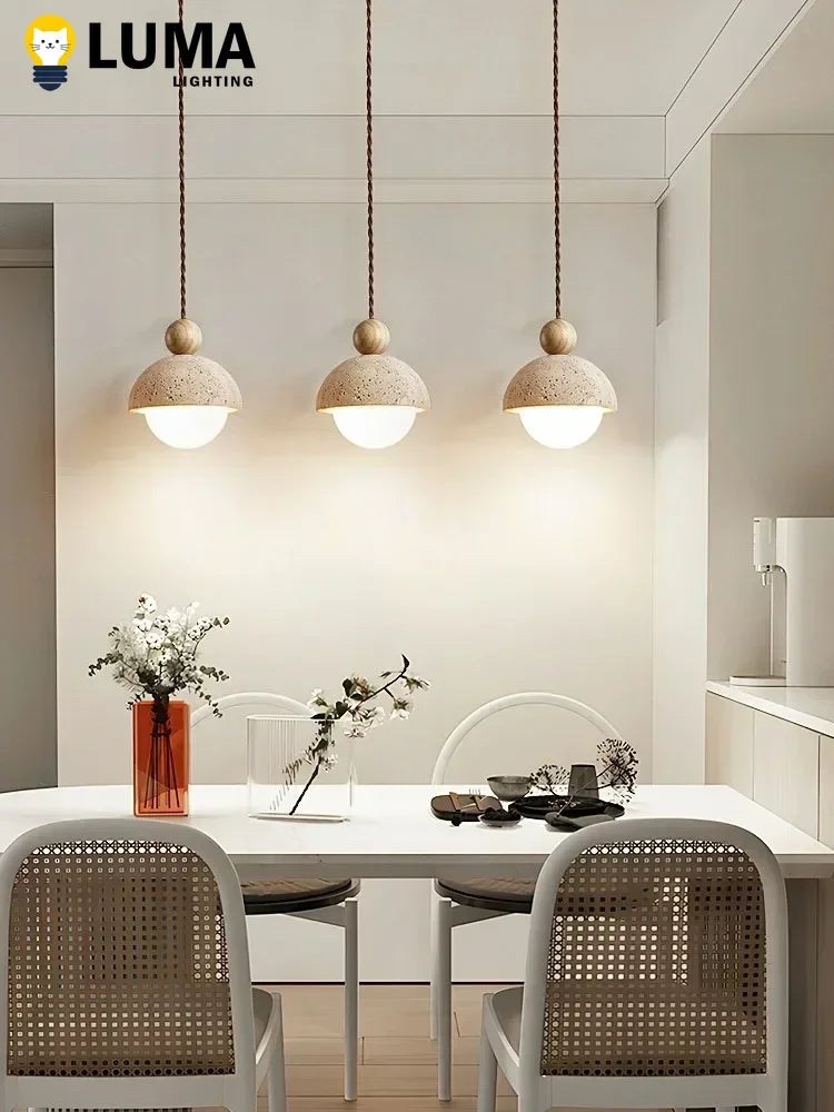 Luma Japanese Style Yellow Travertine Pendant Light, Wabi-Sabi Stone Chandeliers for Kitchen Island Bedroom Bedside Home Decor
