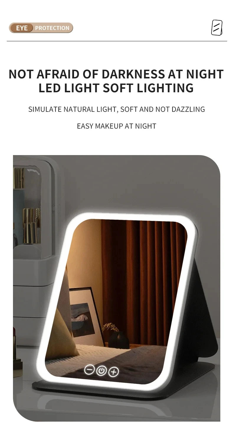 USB Rechargeable 3 Colors LED Makeup Mirror Pocket Mirror Touch Dimmable 3 Brightness Foldable for Travel Office Home