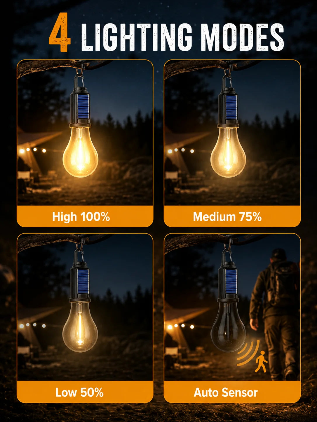 Solar Camping Light Bulb USB Rechargeable Hanging Tent Lamp Waterproof Portable Outdoor Lantern for Camping BBQ Garden Decor