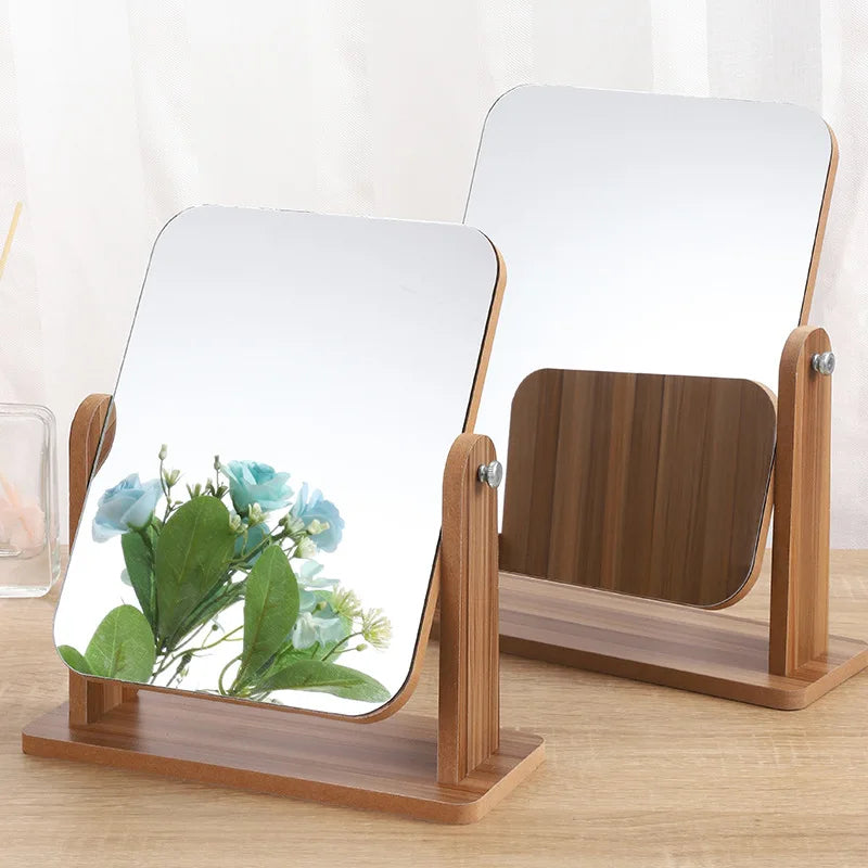 Dresser Vanity Makeup Mirror with Wood Stand, 360 Degree Rotating Compact Cosmetic Mirror, Portable Counter-top Mirror Bath Gift