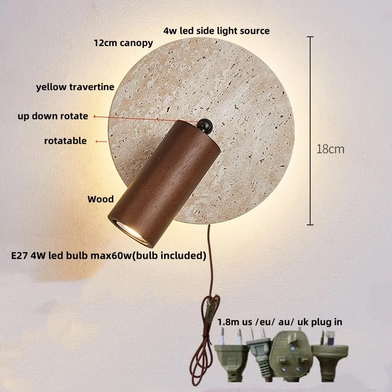 IWHD Wood LED Wall Lamp Sconce Pull Chain Aisle Bedroom Rotate Yellow Travertine Nordic Modern 2 Lighting Bathroom Mirror Light