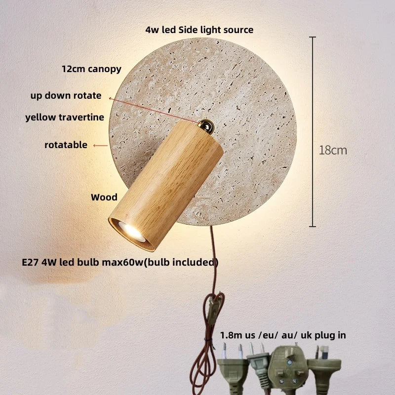 IWHD Wood LED Wall Lamp Sconce Pull Chain Aisle Bedroom Rotate Yellow Travertine Nordic Modern 2 Lighting Bathroom Mirror Light