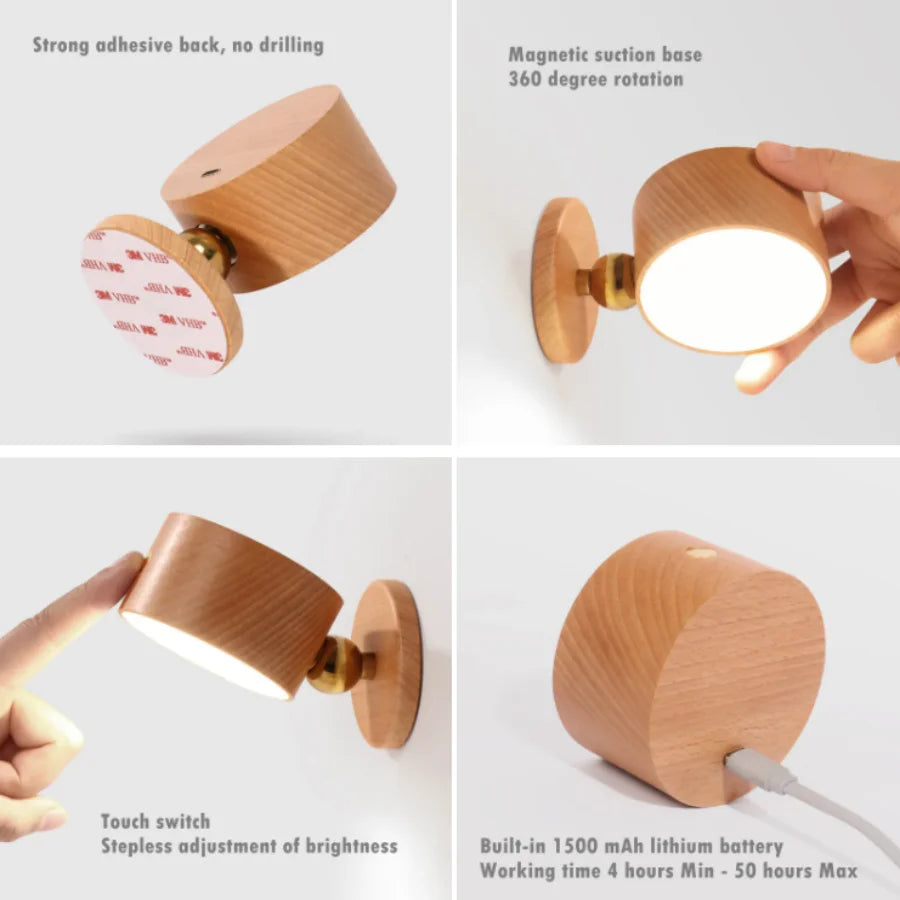 Wooden Indoor Bedroom Living Room Wall Mounted Lamp Down Touch Usb Charging 360 Degree Rotating Magnetic Sconce Light