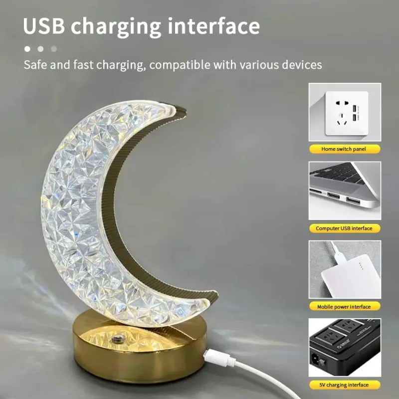 LED Moon Night Light USB Charging Touch Control Diamond Crystal Desk Lamp Bedside Ambient Table for Home Bedroom Decoration