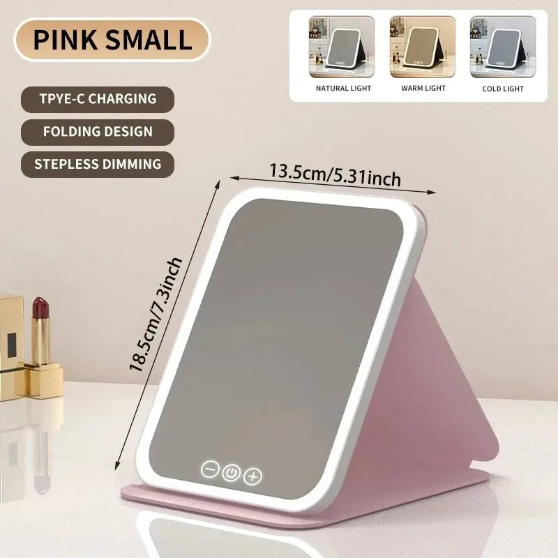 USB Rechargeable 3 Colors LED Makeup Mirror Pocket Mirror Touch Dimmable 3 Brightness Foldable for Travel Office Home