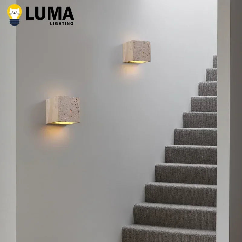 Luma Square Shape Yellow Travertine Wall Lamp for Outdoor Waterproof Courtyard Sconce Hallway Stairs Bathroom Stone Wall Lamp