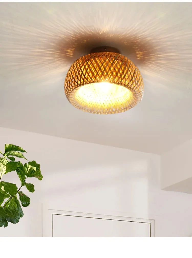 Retro Led Bamboo Woven Ceiling Lamp Corridor Aisle Living Room Ceiling Light E27 Woven Lamps Decorative Fixtures