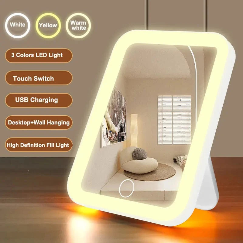 3 Colors LED Vanity Mirror Touch Screen 3 Brightness Dimmable USB Rechargeable Portable Makeup Mirror