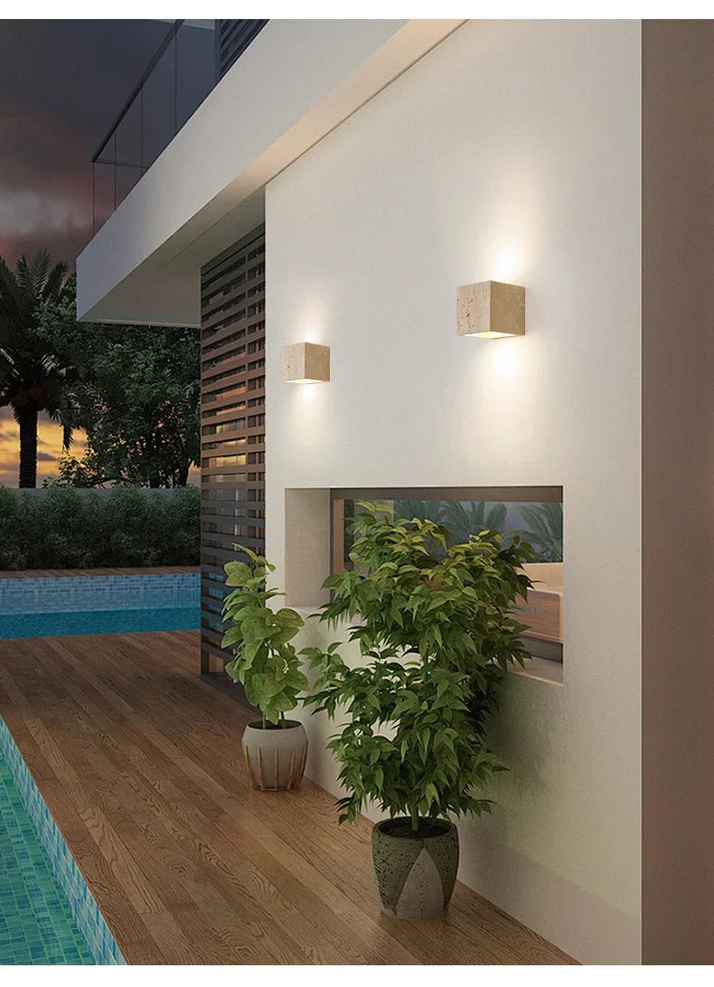 Luma Square Shape Yellow Travertine Wall Lamp for Outdoor Waterproof Courtyard Sconce Hallway Stairs Bathroom Stone Wall Lamp