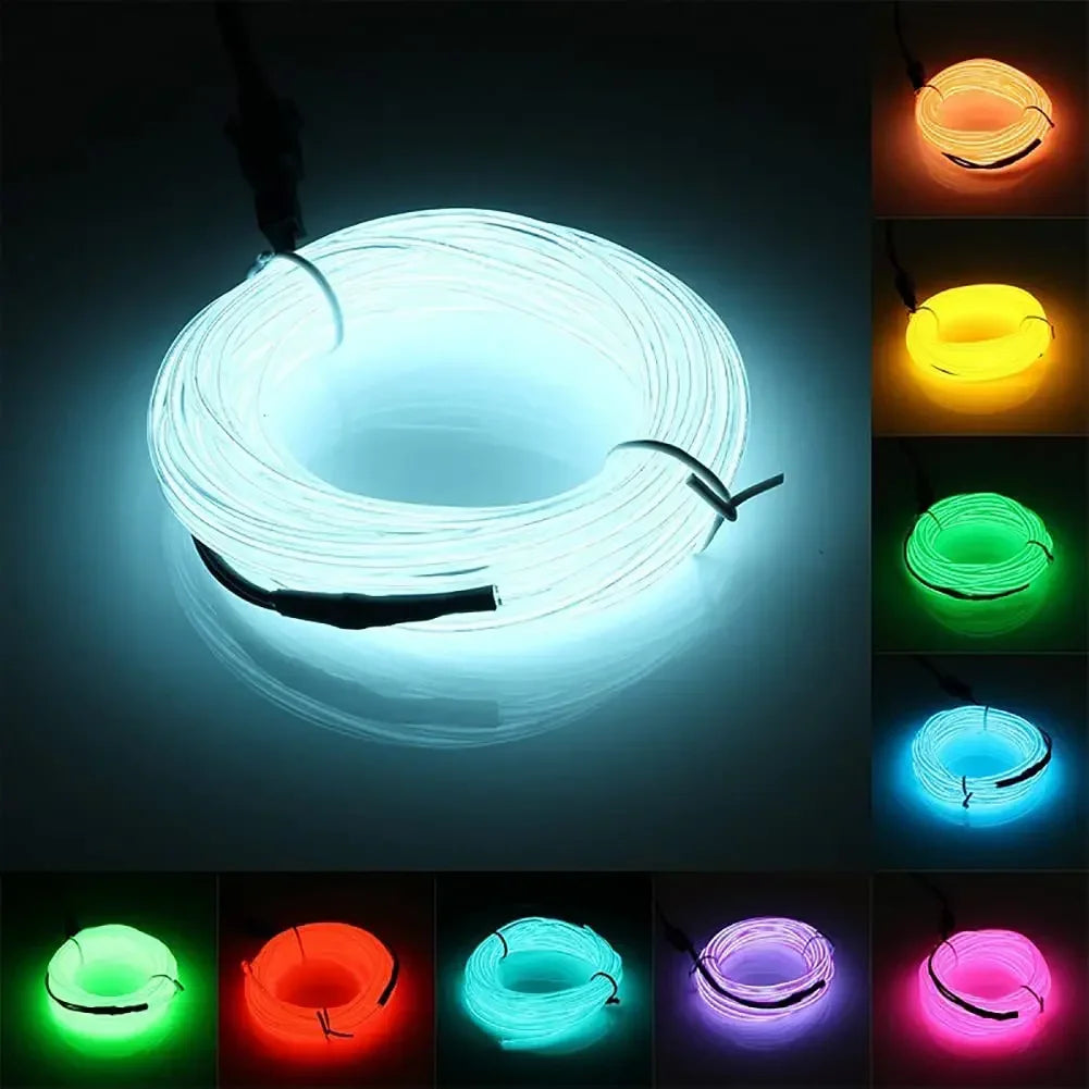 5M Car Interior LED Strip Light EL Wire Neon Ambient Lighting USB Flexible Decoration DIY Auto Party Atmosphere Lamp Diode