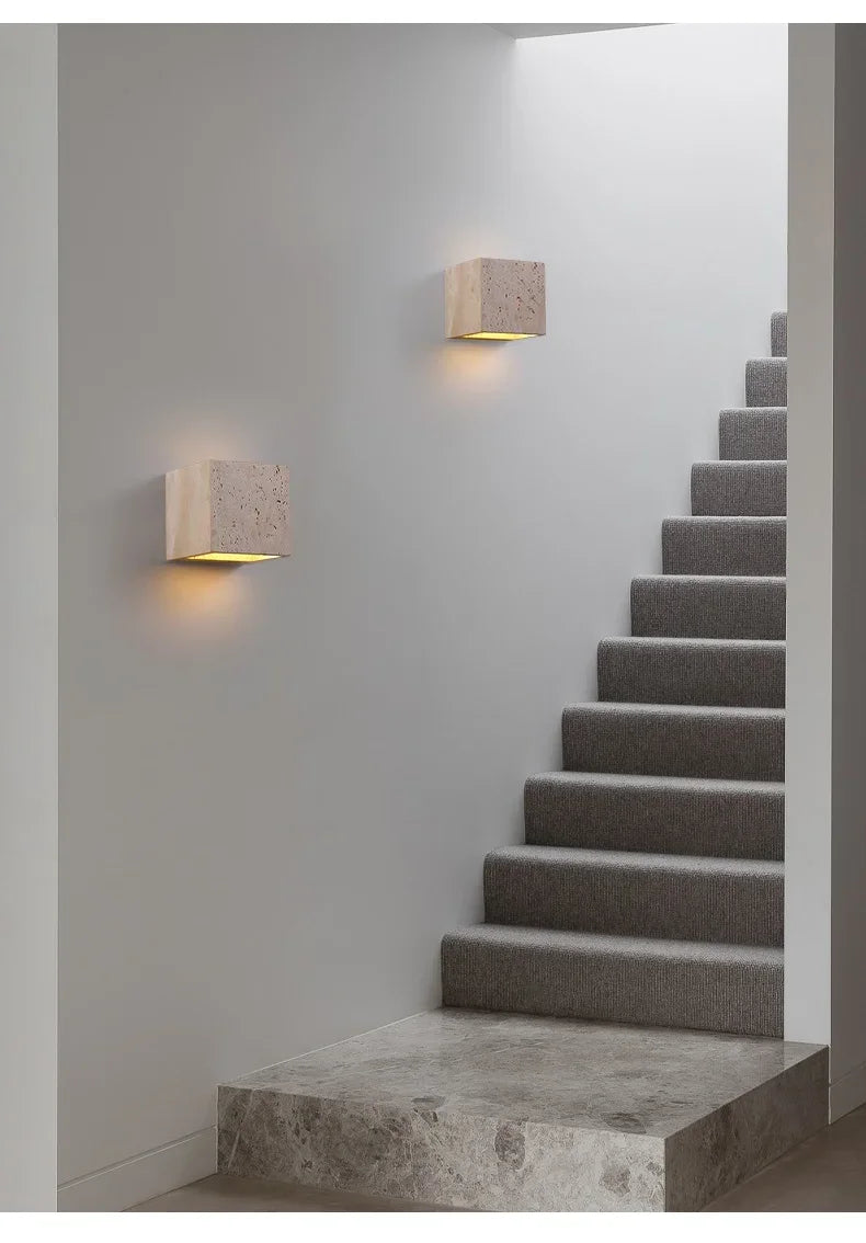 Luma Square Shape Yellow Travertine Wall Lamp for Outdoor Waterproof Courtyard Sconce Hallway Stairs Bathroom Stone Wall Lamp