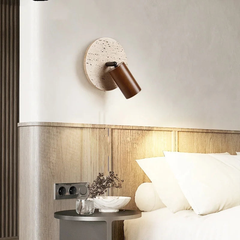 IWHD Wood LED Wall Lamp Sconce Pull Chain Aisle Bedroom Rotate Yellow Travertine Nordic Modern 2 Lighting Bathroom Mirror Light
