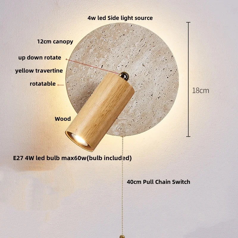 IWHD Wood LED Wall Lamp Sconce Pull Chain Aisle Bedroom Rotate Yellow Travertine Nordic Modern 2 Lighting Bathroom Mirror Light