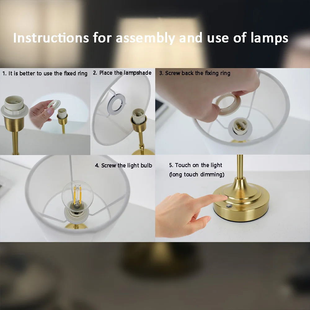 Fabric Desk Lamp Rechargeable Touch Table Lamp Replaceable E12 Bulb 2700K For Restaurant Hotel Room Bedside Decor Lighing