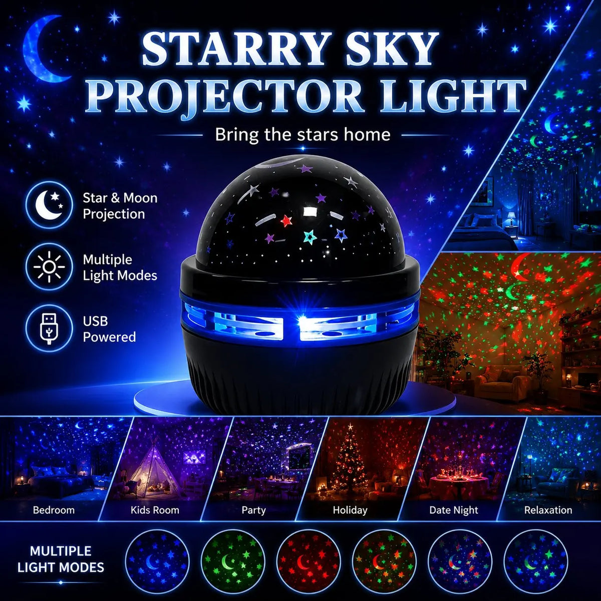 Starry Sky Projector Lamp RGB Galaxy Light Moon Star LED Night Lamp USB Ambient Light Bedroom Home Party Decoration