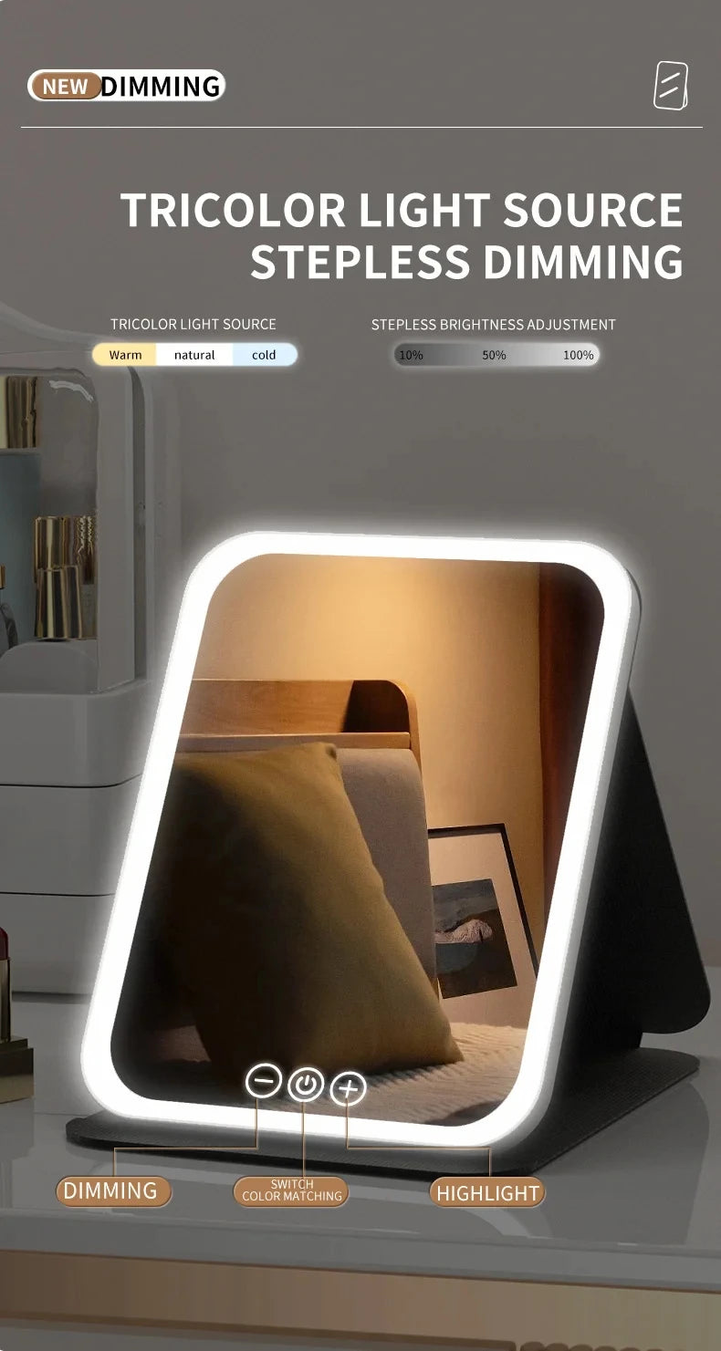 USB Rechargeable 3 Colors LED Makeup Mirror Pocket Mirror Touch Dimmable 3 Brightness Foldable for Travel Office Home