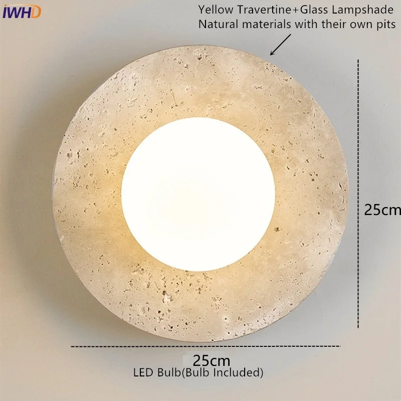 IWHD Modern LED Wall Lamp Yellow Travertine Glass Lampshade Wall Light Indoor Room Decoration Bedside Lighting Applique Murale