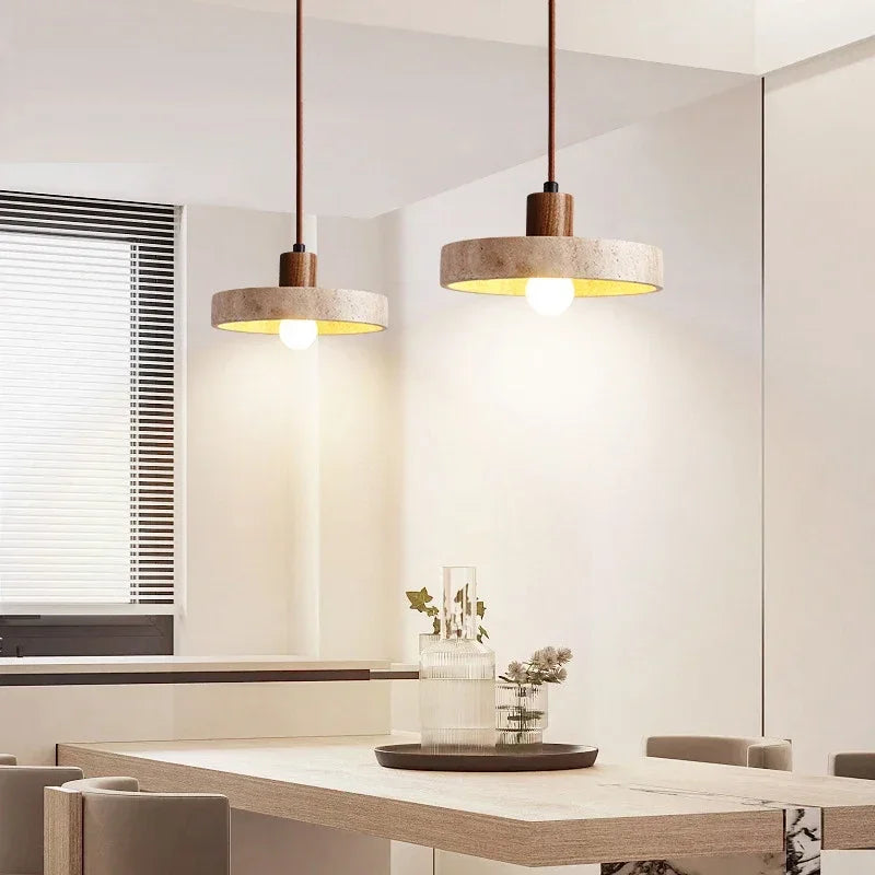 Natural Stone Pendant Light with E27 Bulb Travertine Hanging Lamp Ceiling Suspension for Kitchen Living Dining Room Bedroom