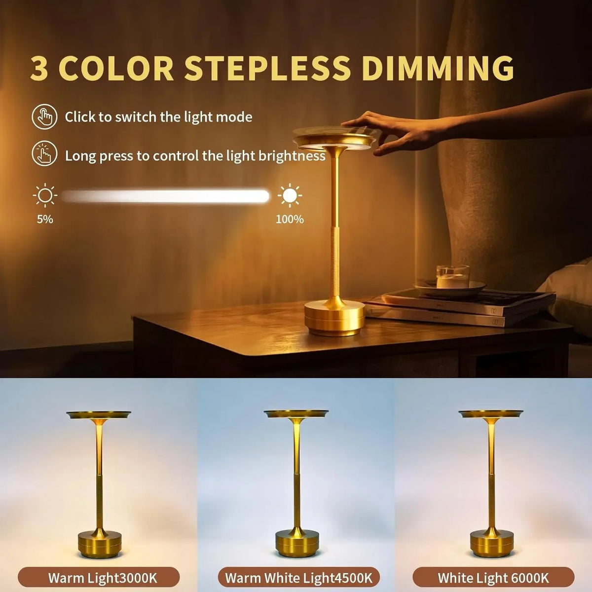 GGbingo Rechargeable Wireless Table Lamp LED Touch Sensor Desktop Night Light Reading Lamp for Hotel Bar Bedroom Decor Light