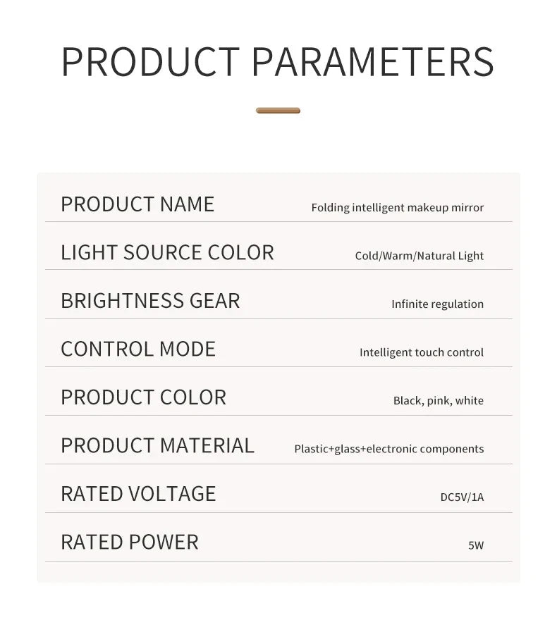 USB Rechargeable 3 Colors LED Makeup Mirror Pocket Mirror Touch Dimmable 3 Brightness Foldable for Travel Office Home