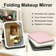 USB Rechargeable 3 Colors LED Makeup Mirror Pocket Mirror Touch Dimmable 3 Brightness Foldable for Travel Office Home