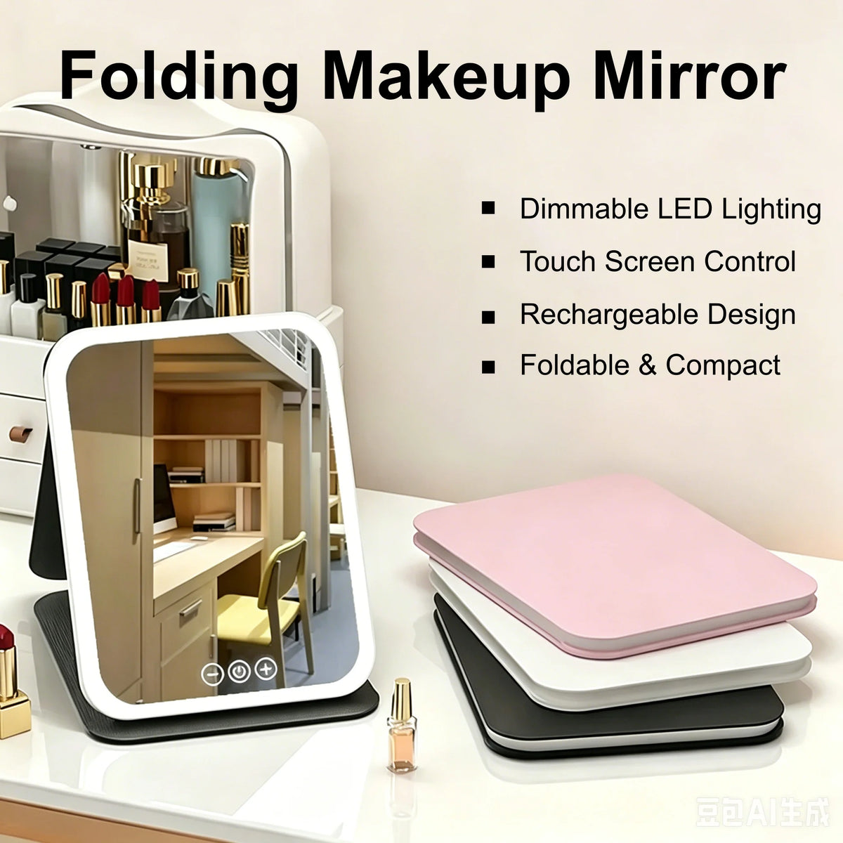 USB Rechargeable 3 Colors LED Makeup Mirror Pocket Mirror Touch Dimmable 3 Brightness Foldable for Travel Office Home