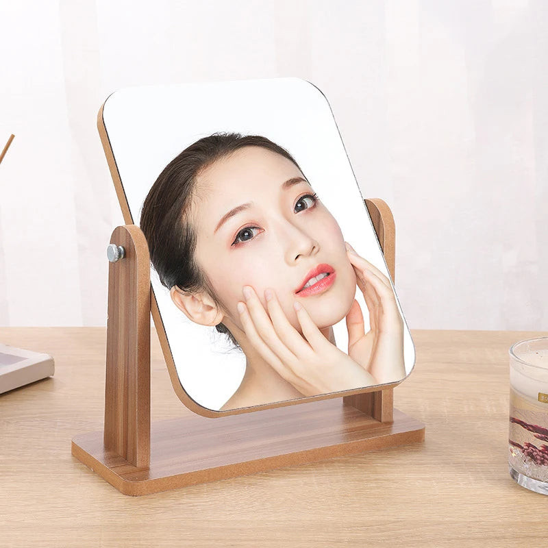 Dresser Vanity Makeup Mirror with Wood Stand, 360 Degree Rotating Compact Cosmetic Mirror, Portable Counter-top Mirror Bath Gift