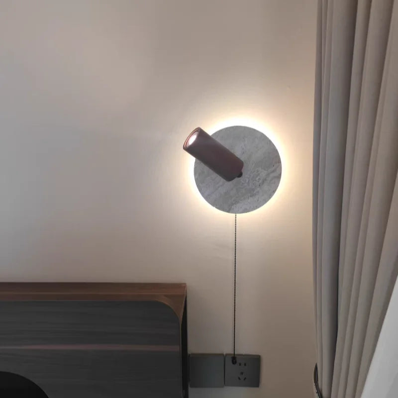 IWHD Wood LED Wall Lamp Sconce Pull Chain Aisle Bedroom Rotate Yellow Travertine Nordic Modern 2 Lighting Bathroom Mirror Light