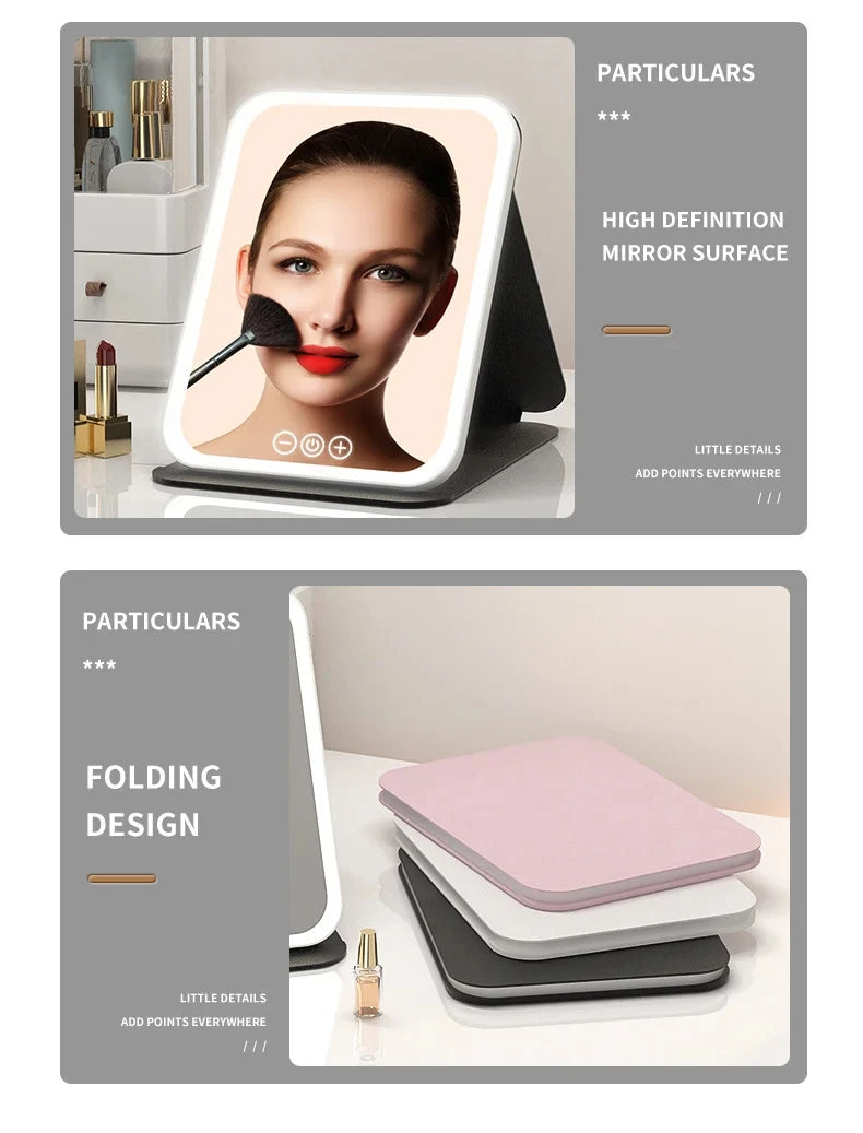 USB Rechargeable 3 Colors LED Makeup Mirror Pocket Mirror Touch Dimmable 3 Brightness Foldable for Travel Office Home