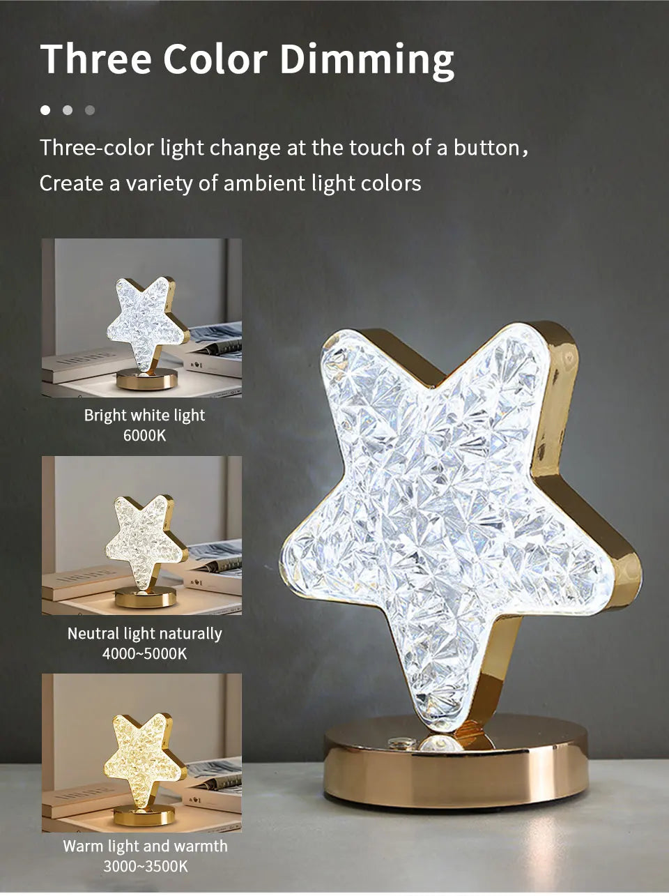 LED Moon Night Light USB Charging Touch Control Diamond Crystal Desk Lamp Bedside Ambient Table for Home Bedroom Decoration