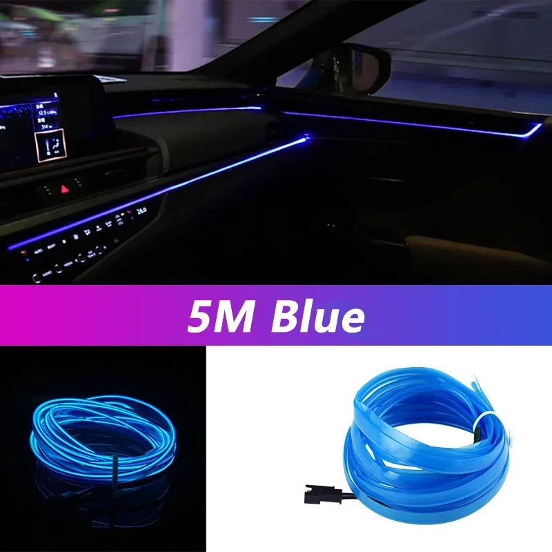 5M Car Interior LED Strip Light EL Wire Neon Ambient Lighting USB Flexible Decoration DIY Auto Party Atmosphere Lamp Diode