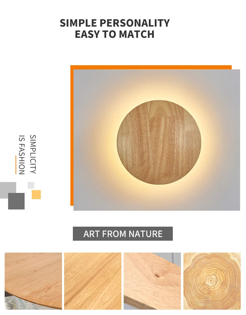 Nordic LED Wall Light Modern Original LED Circular Wooden Wall Light Personalized Bedside Bedroom Staircase Wall Hanging Light