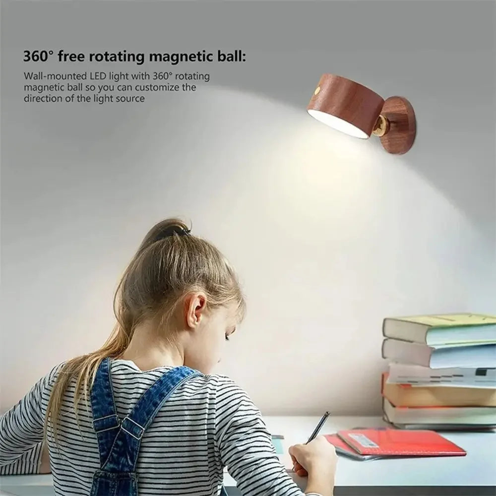360° Rotating Wood Color Wall Mounted Lamp Touch Control Magnetic Mounting LED Wall Sconce Dimmable Warm White USB Rechargeable