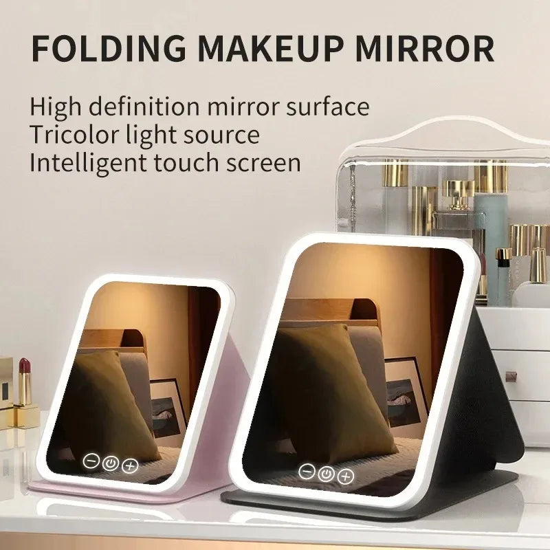 USB Rechargeable 3 Colors LED Makeup Mirror Pocket Mirror Touch Dimmable 3 Brightness Foldable for Travel Office Home