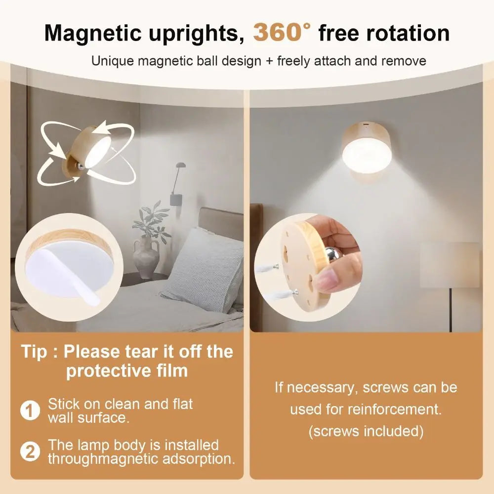 360° Rotating Wood Color Wall Mounted Lamp Touch Control Magnetic Mounting LED Wall Sconce Dimmable Warm White USB Rechargeable