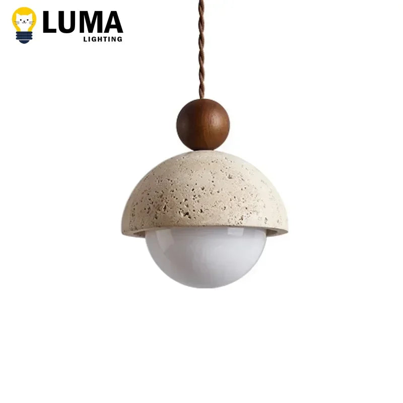 Luma Japanese Style Yellow Travertine Pendant Light, Wabi-Sabi Stone Chandeliers for Kitchen Island Bedroom Bedside Home Decor