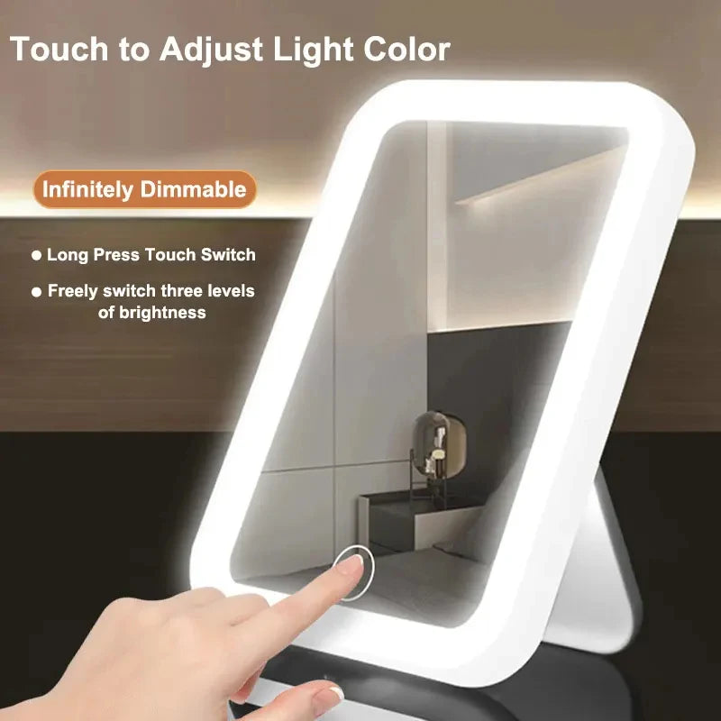 3 Colors LED Vanity Mirror Touch Screen 3 Brightness Dimmable USB Rechargeable Portable Makeup Mirror