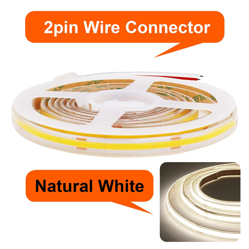 12V / 24V COB LED Strip – 480 LEDs/m, IP67 Options – 2pin Wire Natural / 12V 2m