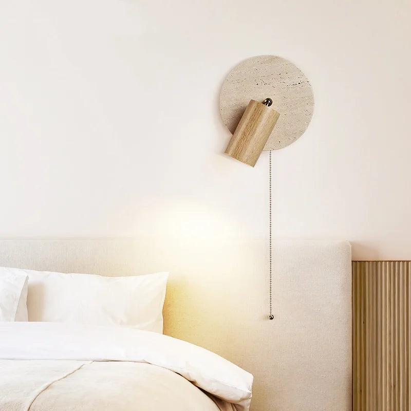 IWHD Wood LED Wall Lamp Sconce Pull Chain Aisle Bedroom Rotate Yellow Travertine Nordic Modern 2 Lighting Bathroom Mirror Light