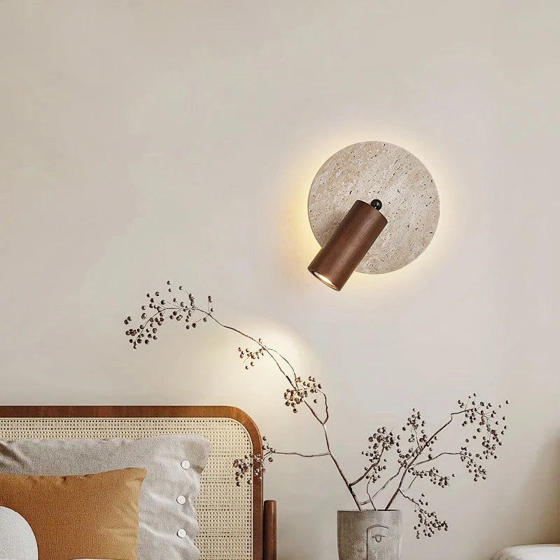 IWHD Wood LED Wall Lamp Sconce Pull Chain Aisle Bedroom Rotate Yellow Travertine Nordic Modern 2 Lighting Bathroom Mirror Light