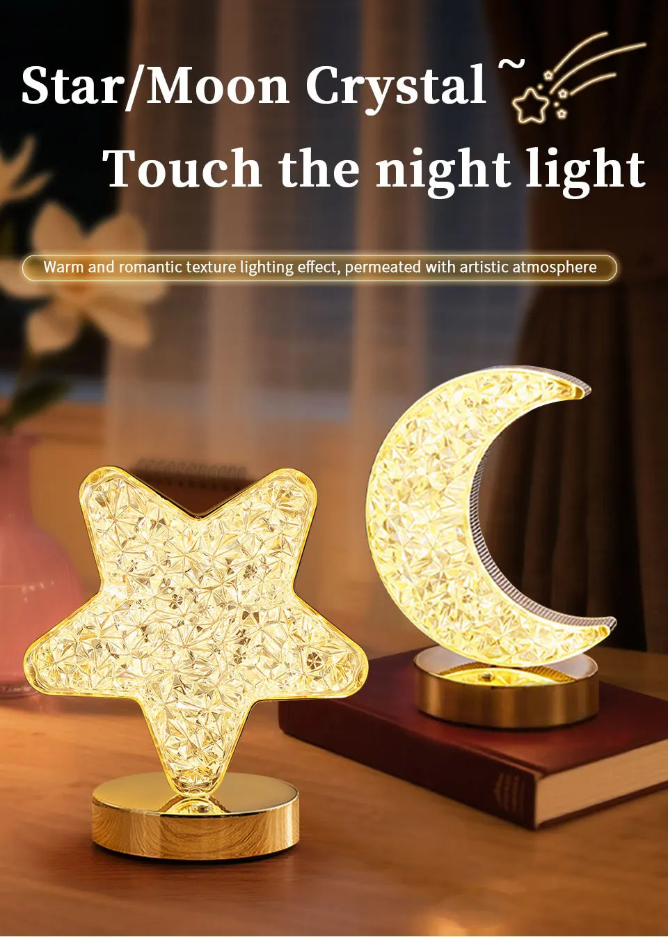 LED Moon Night Light USB Charging Touch Control Diamond Crystal Desk Lamp Bedside Ambient Table for Home Bedroom Decoration