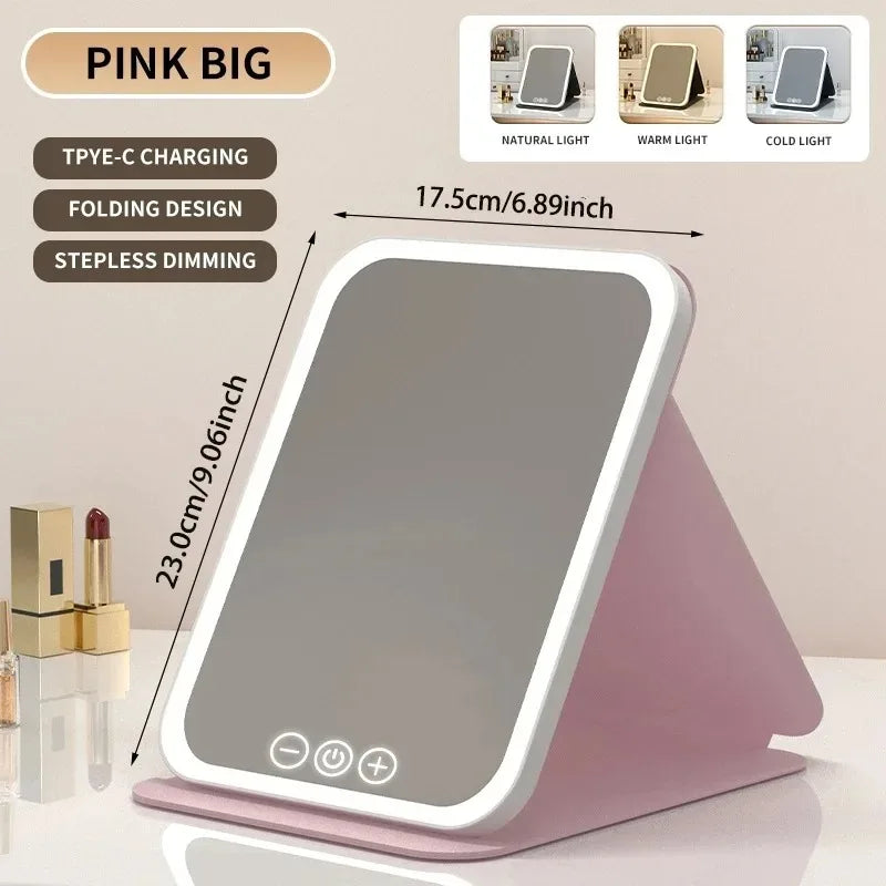 USB Rechargeable 3 Colors LED Makeup Mirror Pocket Mirror Touch Dimmable 3 Brightness Foldable for Travel Office Home